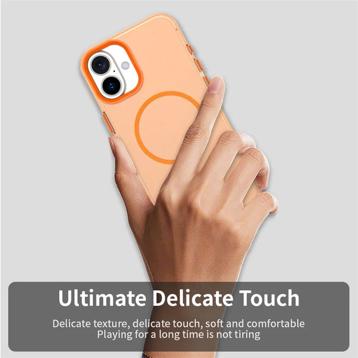 For iPhone 16 Magnetic Case PC + TPU + PET Air Cushion Shockproof Phone Cover - Orange - 5