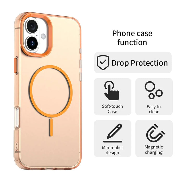 For iPhone 16 Magnetic Case PC + TPU + PET Air Cushion Shockproof Phone Cover - Orange - 6