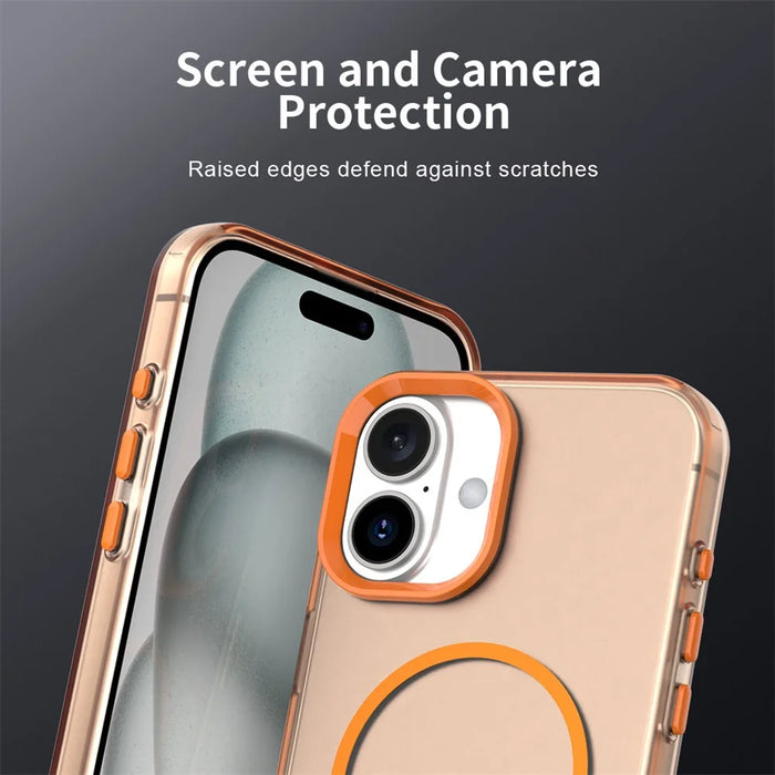 For iPhone 16 Magnetic Case PC + TPU + PET Air Cushion Shockproof Phone Cover - Orange - 7