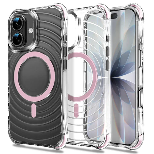 For iPhone 16 Magnetic Case Airbag Corner Shockproof Ripple TPU Phone Cover - Pink - 1