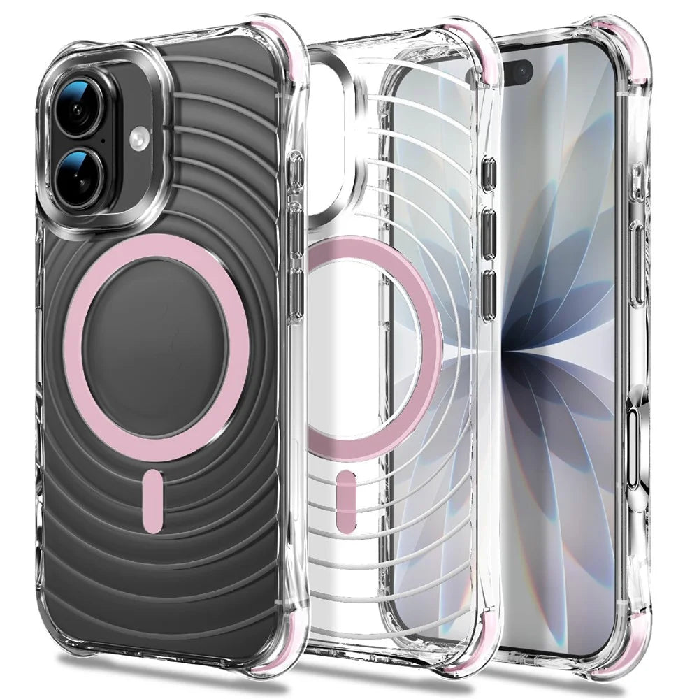 For iPhone 16 Plus Magnetic Case Airbag Corner Shockproof Ripple TPU Phone Cover - Pink - 1