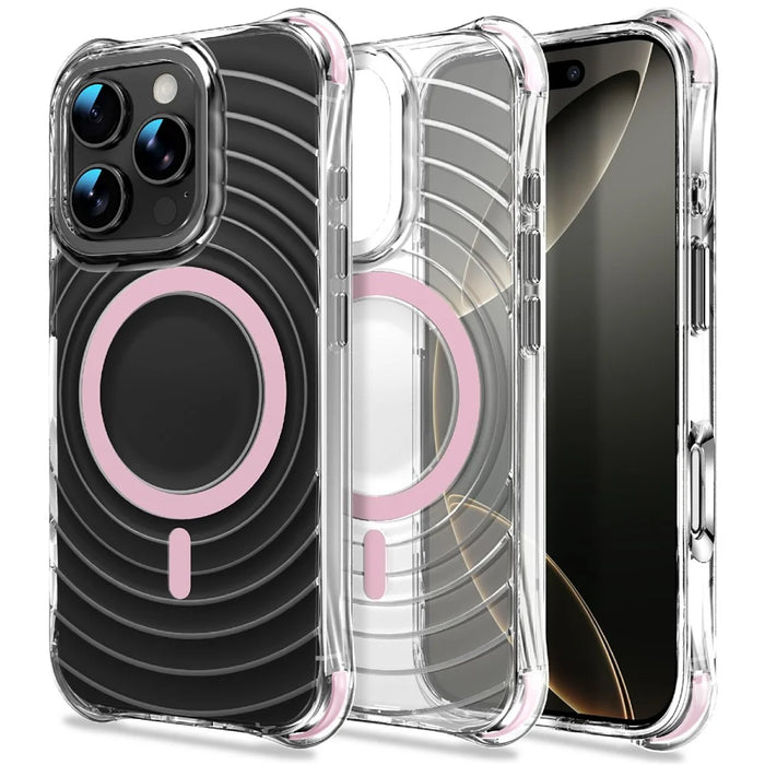 For iPhone 16 Pro Max Magnetic Case Airbag Corner Shockproof Ripple TPU Phone Cover - Pink - 1