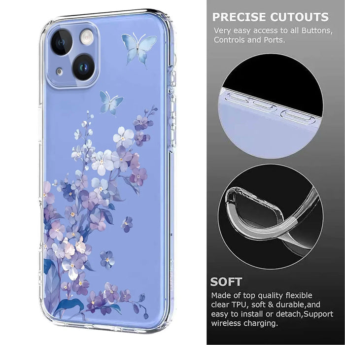 For iPhone 14 Plus Case Butterfly Floral Pattern Printing TPU Phone Back Cover - Violets - 6
