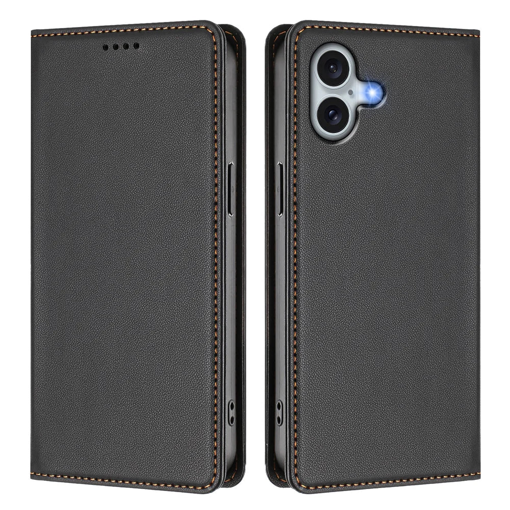 For iPhone 16 Plus Leather Wallet Case Magnetic Closure RFID Blocking Phone Cover - Black - 1