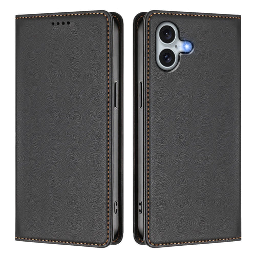 For iPhone 16 Plus Leather Wallet Case Magnetic Closure RFID Blocking Phone Cover - Black - 1
