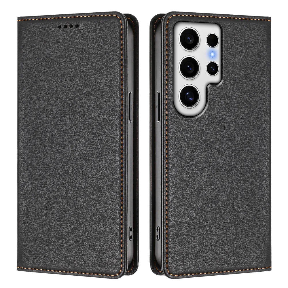 For Samsung Galaxy S24 Ultra Leather Wallet Case Magnetic Closure RFID Blocking Phone Cover - Black - 1
