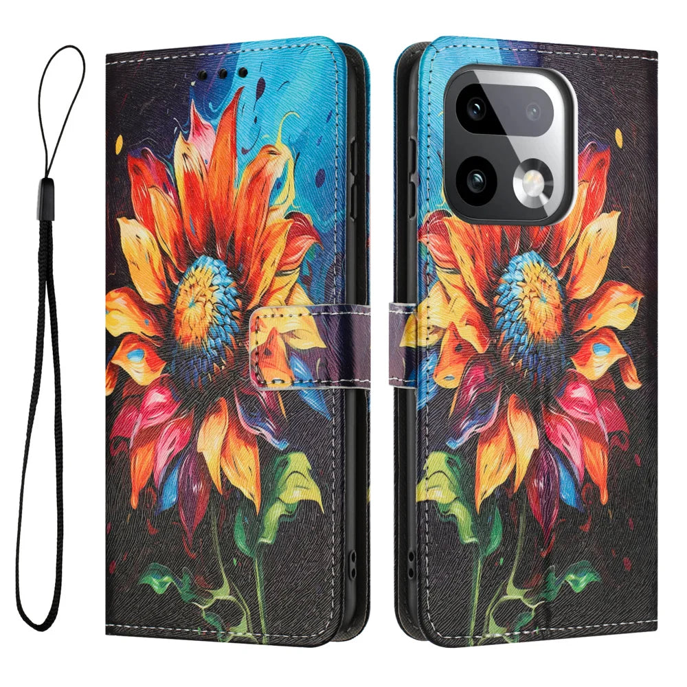 For Realme 16 Pro+ 5G Wallet Case Pattern Printing PU Leather Phone Cover with Lanyard - Sunflower - 1