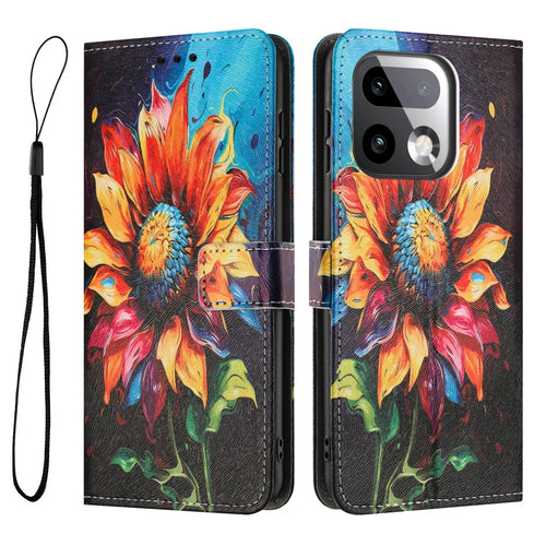For Realme 16 Pro+ 5G Wallet Case Pattern Printing PU Leather Phone Cover with Lanyard - Sunflower - 1