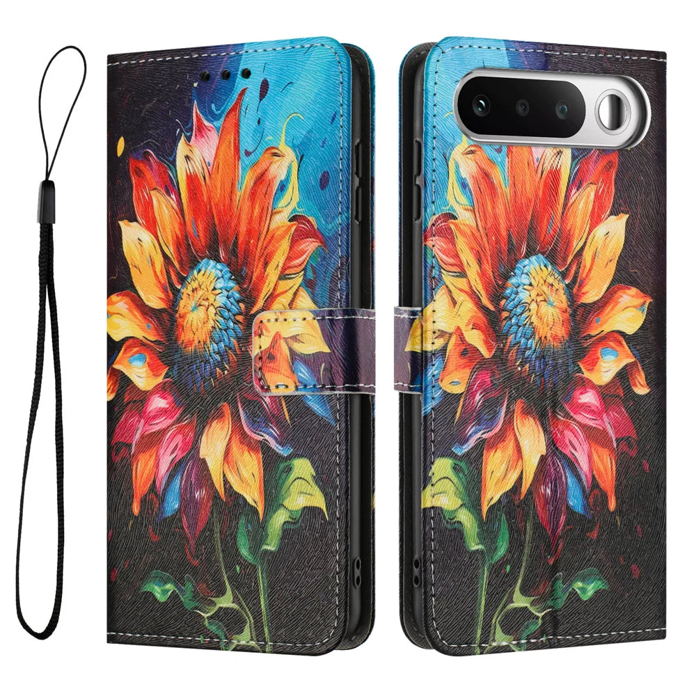For Realme 16 5G Wallet Case Pattern Printing PU Leather Phone Cover with Lanyard - Sunflower - 1