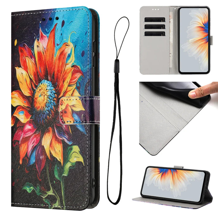 For Realme 16 5G Wallet Case Pattern Printing PU Leather Phone Cover with Lanyard - Sunflower - 3