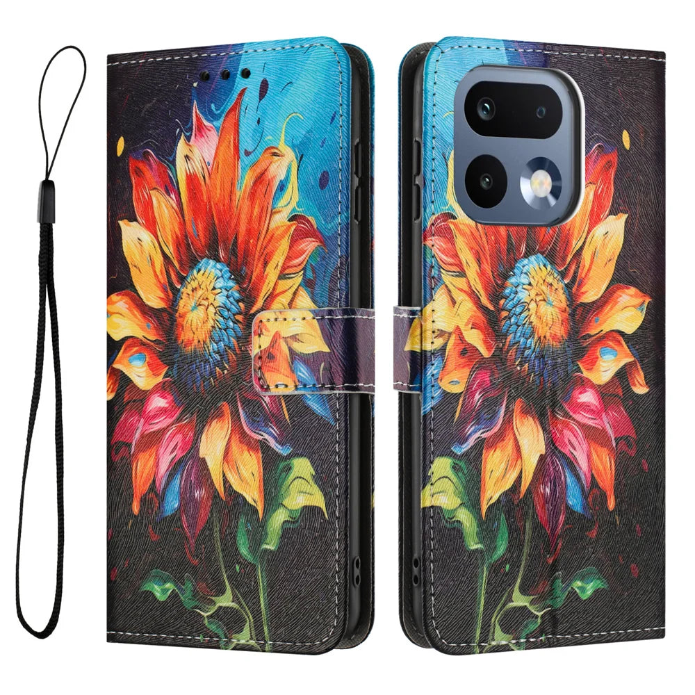For Realme 16 Pro 5G Wallet Case Pattern Printing PU Leather Phone Cover with Lanyard - Sunflower - 1