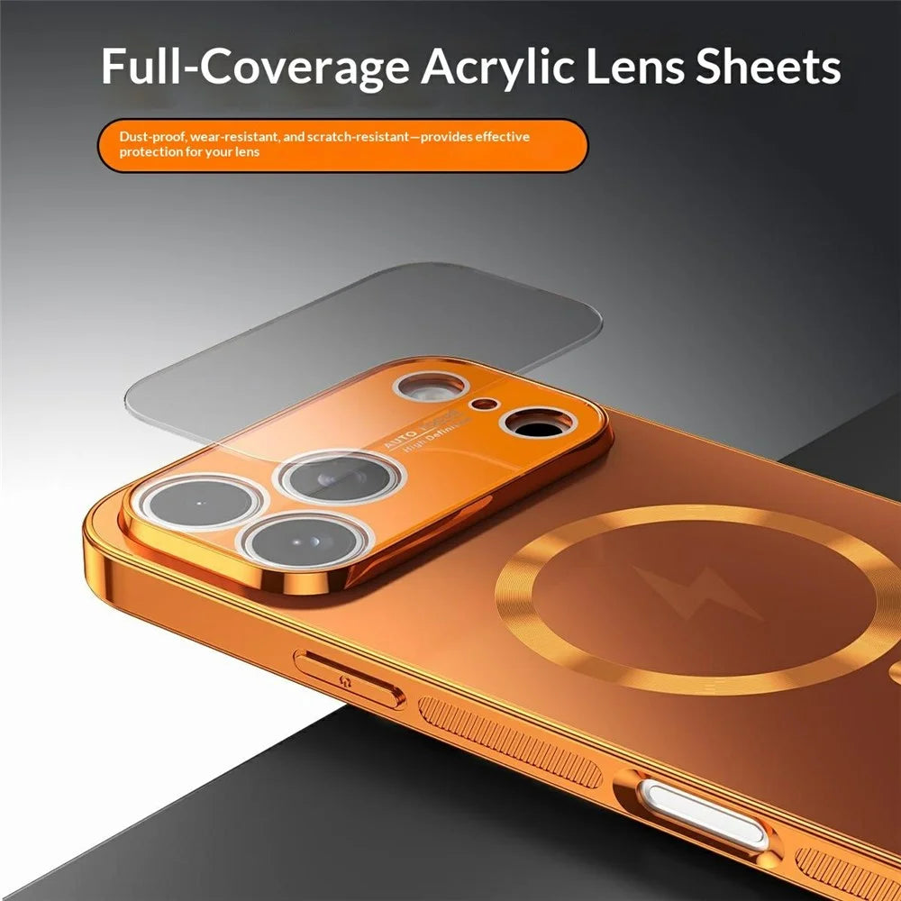 For iPhone 17 Pro Max Magnetic Case Full Lens Coverage Electroplated TPU Shockproof Phone Cover - Orange - 3