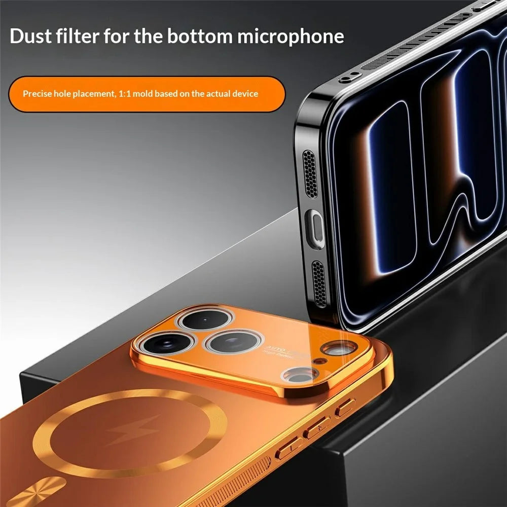 For iPhone 17 Pro Max Magnetic Case Full Lens Coverage Electroplated TPU Shockproof Phone Cover - Orange - 4