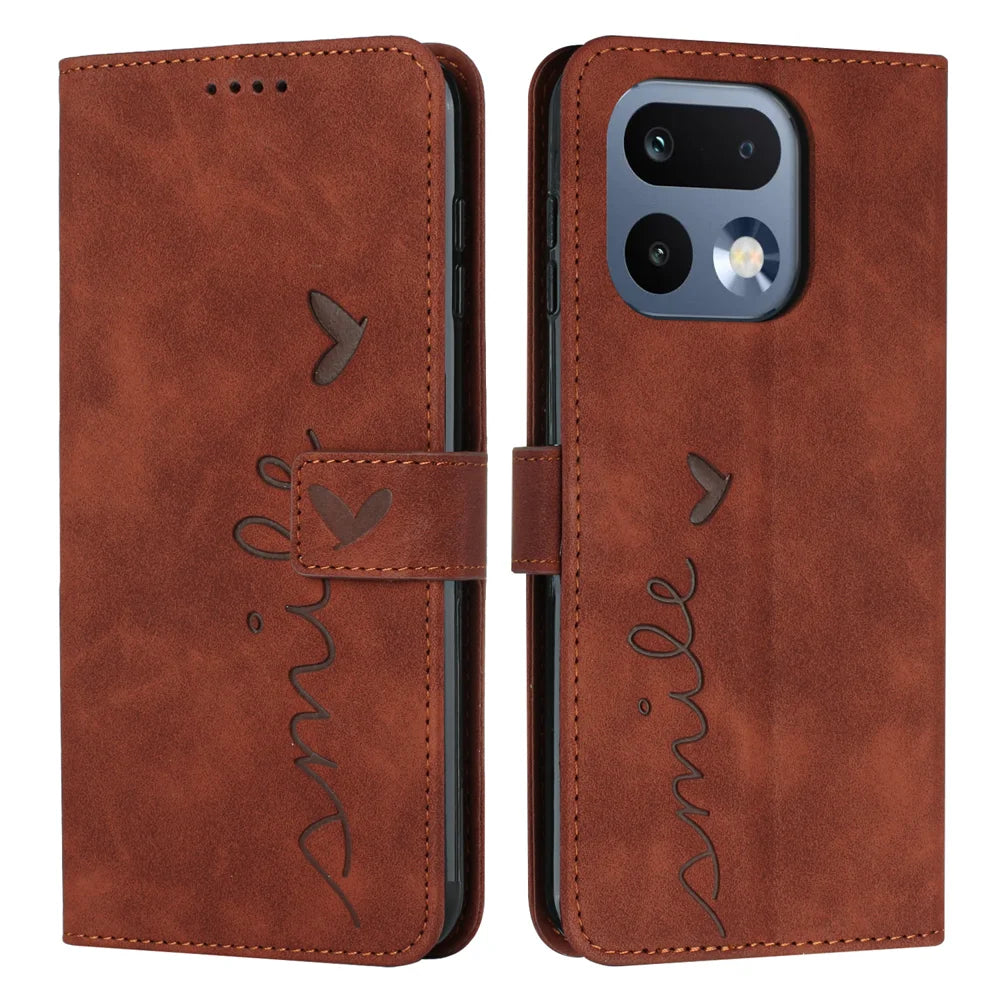 For Realme 16 Pro 5G Stand Case PU Leather Phone Cover Imprinted Heart Pattern - Brown - 1