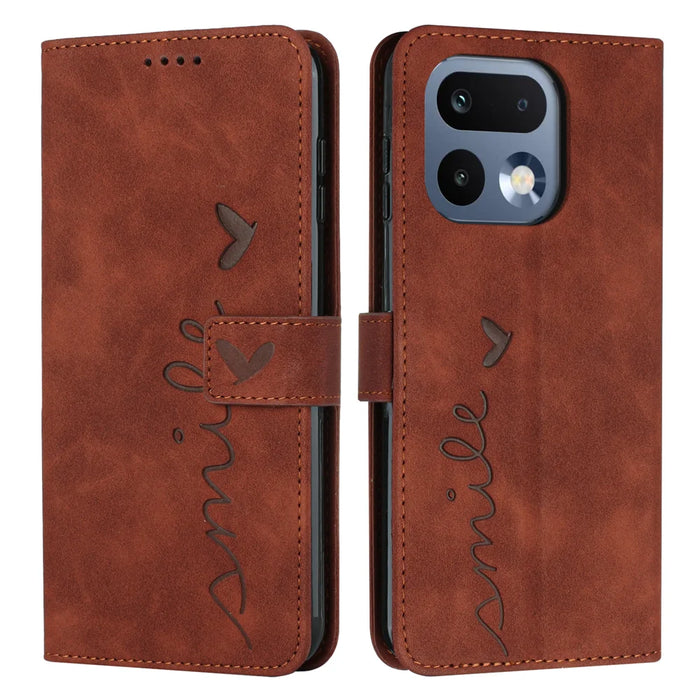 For Realme 16 Pro 5G Stand Case PU Leather Phone Cover Imprinted Heart Pattern - Brown - 1