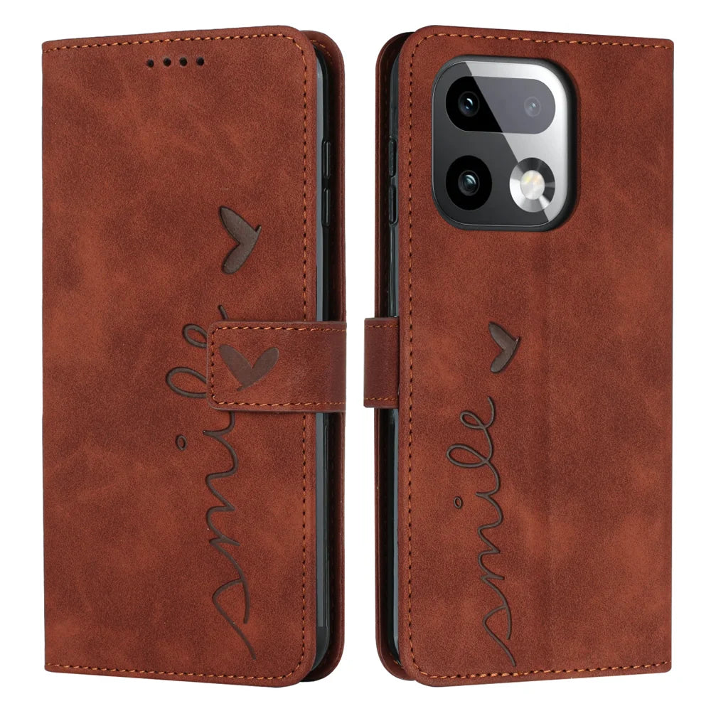 For Realme 16 Pro+ 5G Stand Case PU Leather Phone Cover Imprinted Heart Pattern - Brown - 1