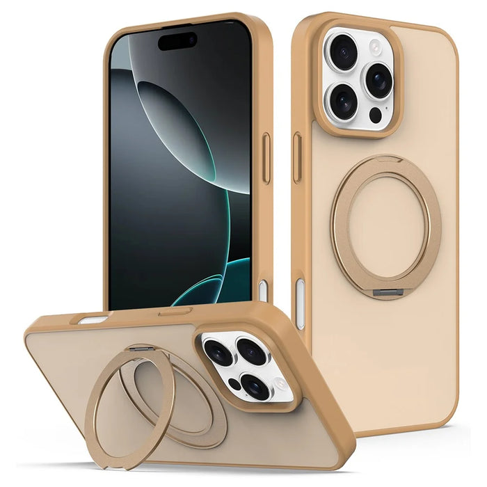 For iPhone 15 Pro Case with Rotating Magnetic Kickstand PC + TPU Skin-Touch Phone Cover - Desert Gold - 1