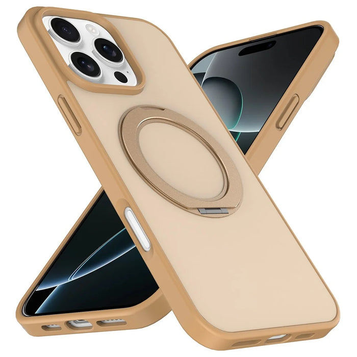 For iPhone 15 Pro Case with Rotating Magnetic Kickstand PC + TPU Skin-Touch Phone Cover - Desert Gold - 2