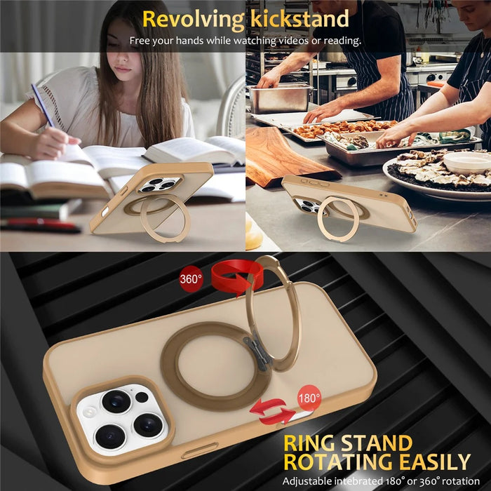 For iPhone 15 Pro Case with Rotating Magnetic Kickstand PC + TPU Skin-Touch Phone Cover - Desert Gold - 6