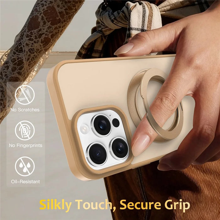 For iPhone 15 Pro Case with Rotating Magnetic Kickstand PC + TPU Skin-Touch Phone Cover - Desert Gold - 7