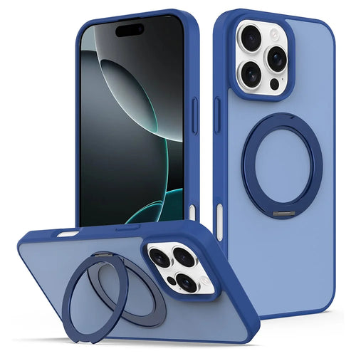 For iPhone 15 Pro Max Case with Rotating Magnetic Kickstand PC + TPU Skin-Touch Phone Cover - Sapphire - 1
