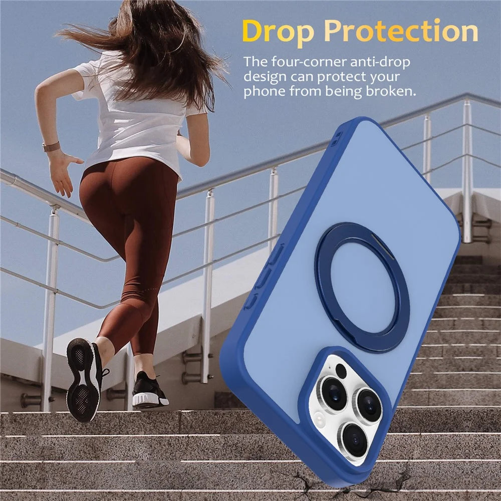 For iPhone 15 Pro Max Case with Rotating Magnetic Kickstand PC + TPU Skin-Touch Phone Cover - Sapphire - 3