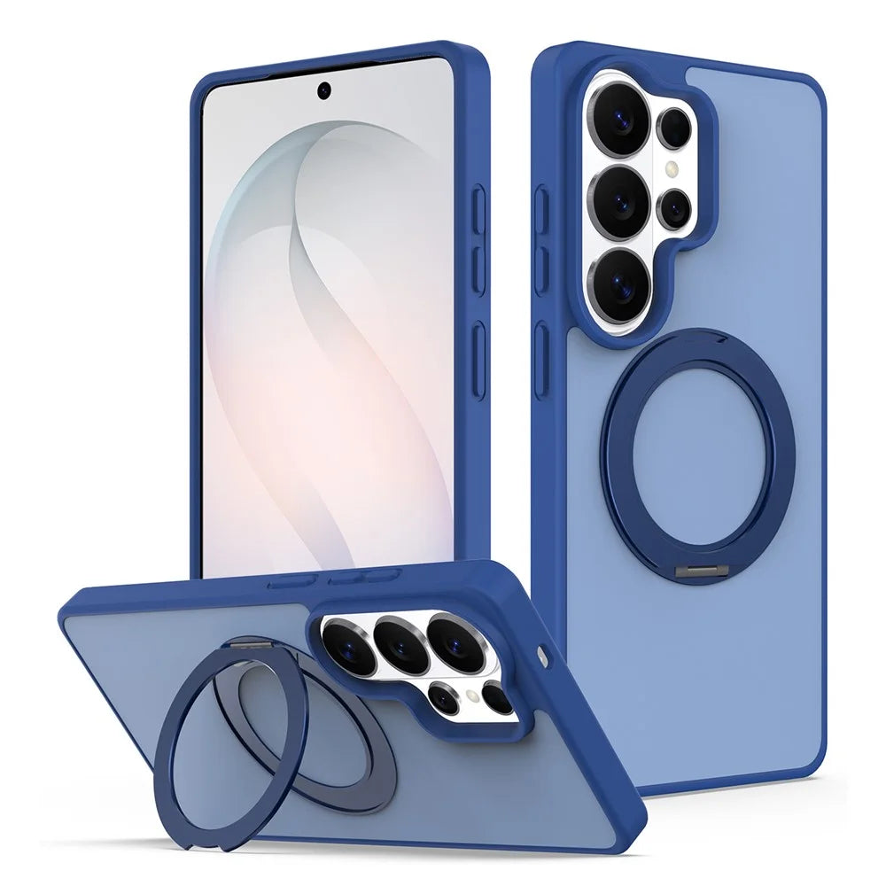 For Samsung Galaxy S23 Ultra Case with Rotating Magnetic Kickstand PC + TPU Skin-Touch Phone Cover - Sapphire - 1