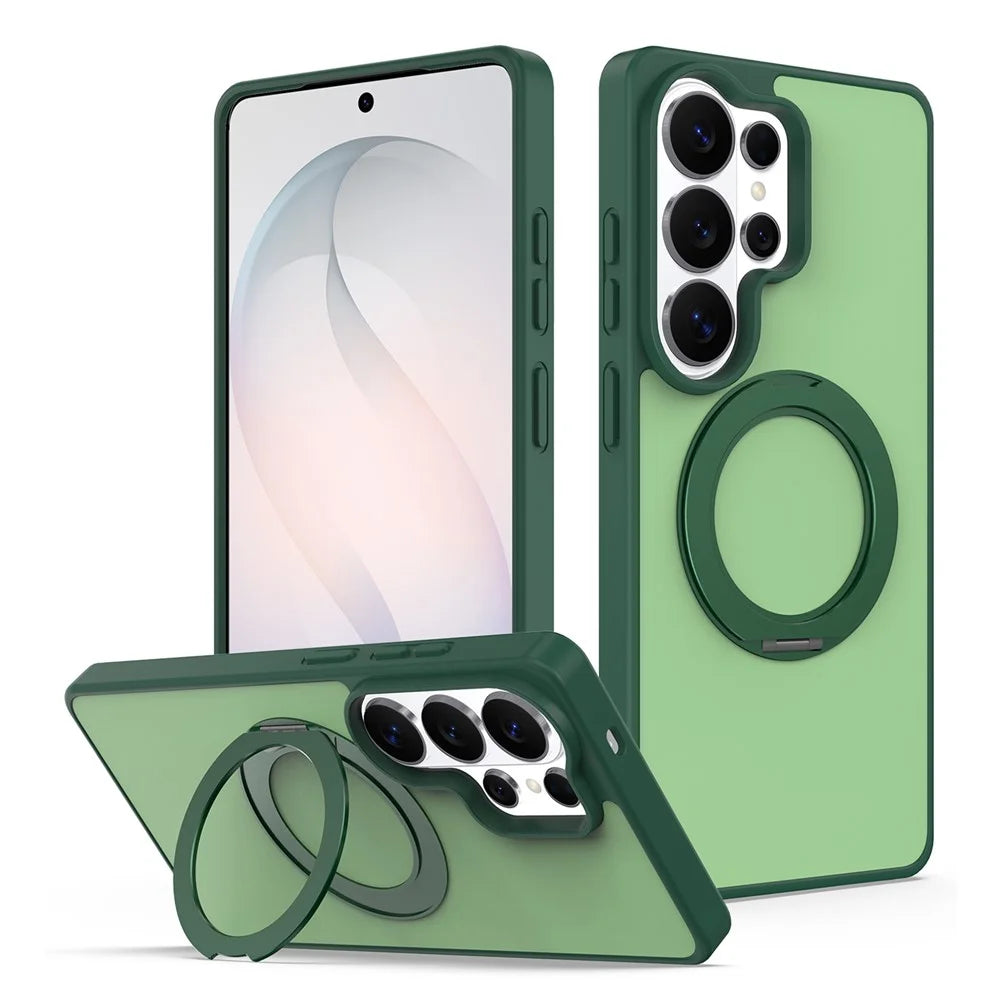 For Samsung Galaxy S24 Ultra Case with Rotating Magnetic Kickstand PC + TPU Skin-Touch Phone Cover - Green - 1