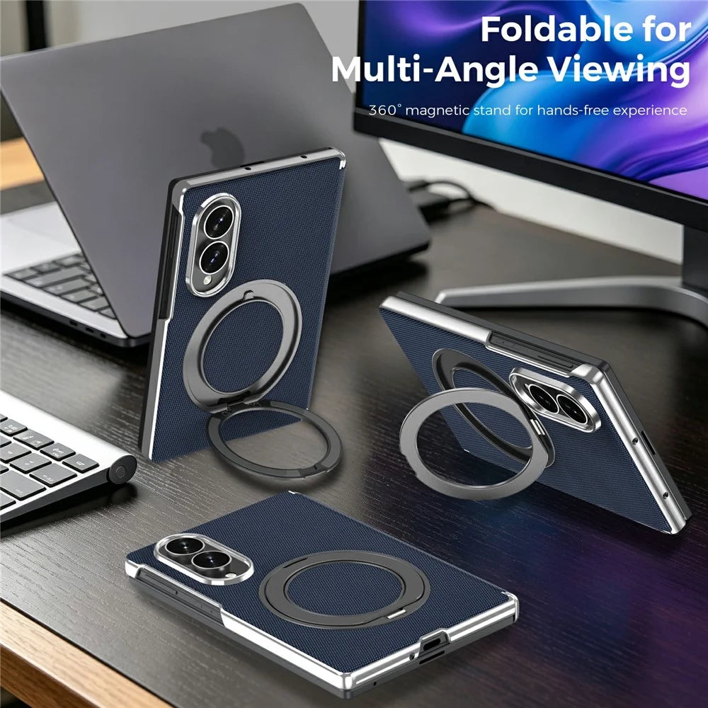 For Samsung Galaxy Z Fold8 Case Rotating Magnetic Kickstand Woven Fabric Texture Leather + PC Phone Cover - Sapphire - 3