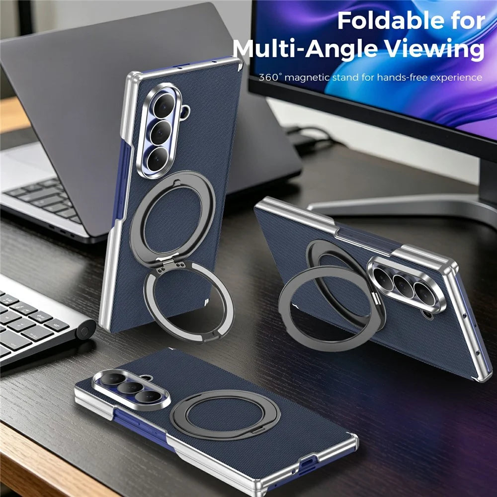 For Samsung Galaxy Z Fold8 Ultra Case Rotating Magnetic Kickstand Woven Fabric Texture Leather + PC Phone Cover - Sapphire - 3