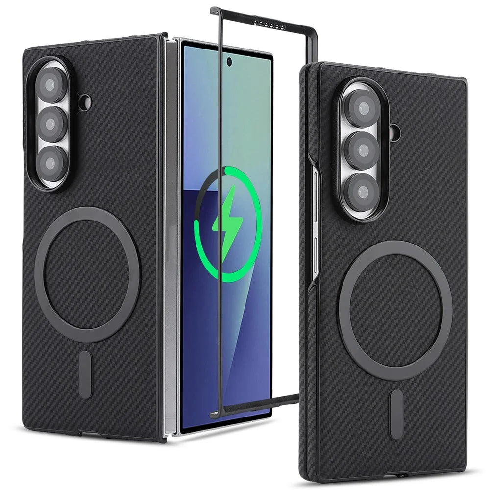 For Samsung Galaxy Z Fold7 5G Case Side-pasted Carbon Fiber Texture PU TPU Phone Cover With Metal Magnetic Ring - Black - 1