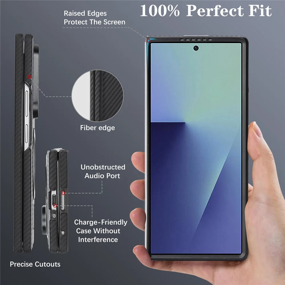For Samsung Galaxy Z Fold7 5G Case Side-pasted Carbon Fiber Texture PU TPU Phone Cover With Metal Magnetic Ring - Black - 5