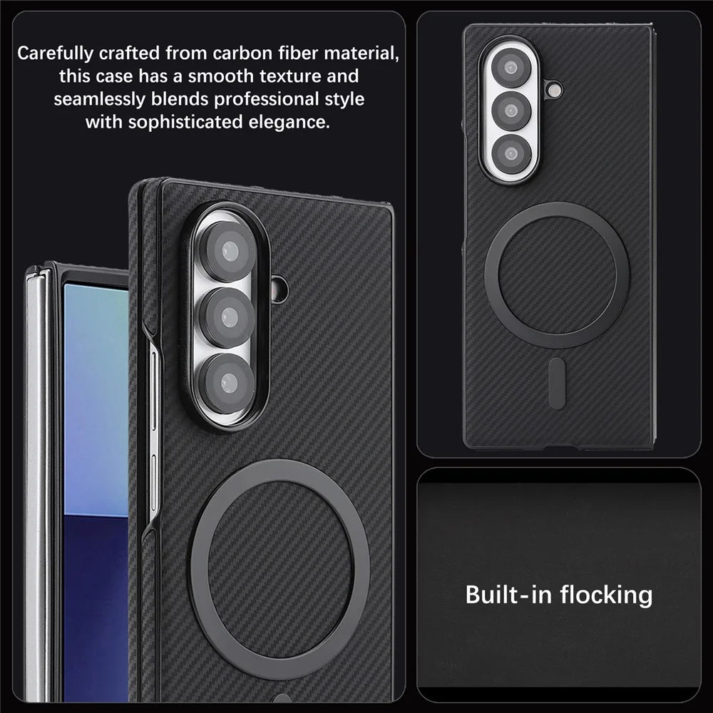 For Samsung Galaxy Z Fold7 5G Case Side-pasted Carbon Fiber Texture PU TPU Phone Cover With Metal Magnetic Ring - Black - 6