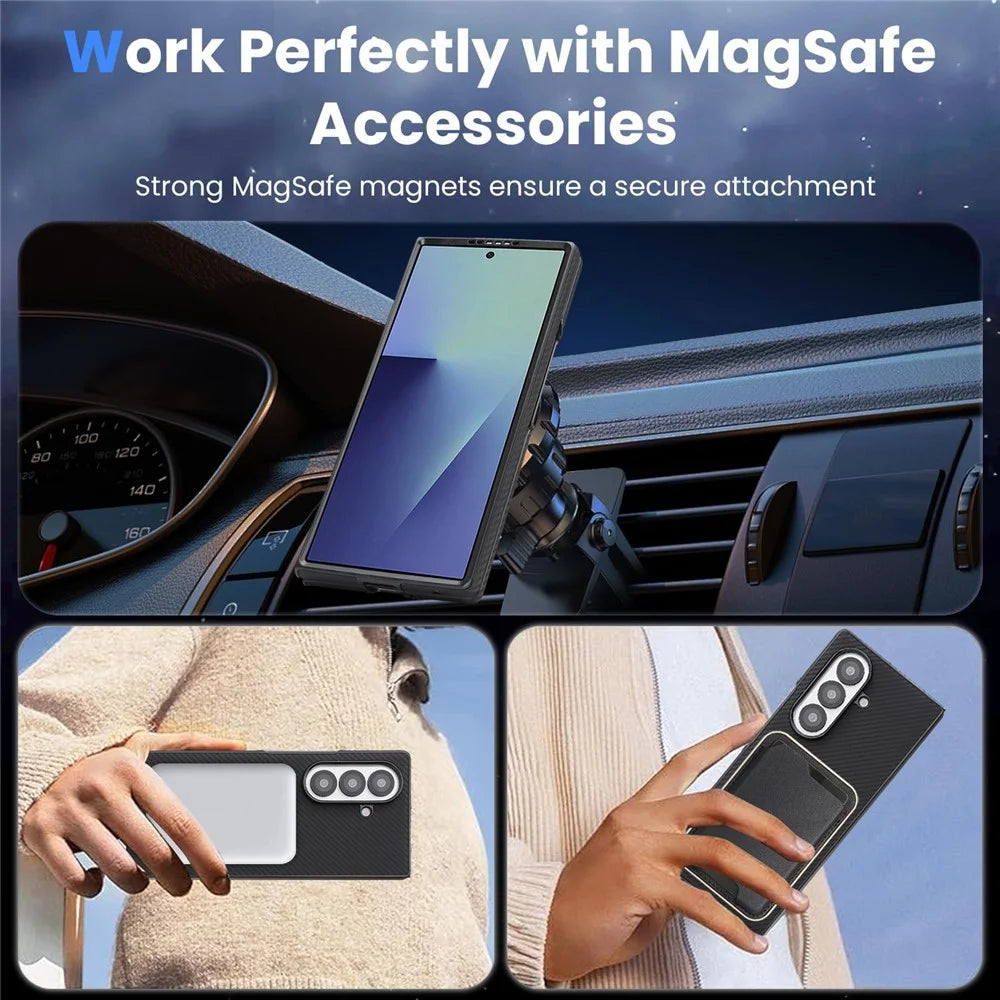For Samsung Galaxy Z Fold7 5G Case Side-pasted Carbon Fiber Texture PU TPU Phone Cover With Metal Magnetic Ring - Black - 7