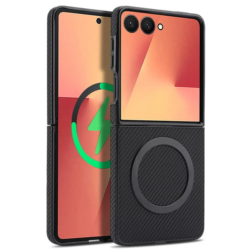 For Samsung Galaxy Z Flip7 5G Case Side-pasted Carbon Fiber Texture PU TPU Phone Cover With Metal Magnetic Ring - Black - 1