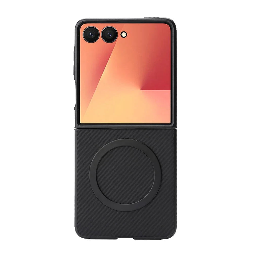 For Samsung Galaxy Z Flip7 5G Case Side-pasted Carbon Fiber Texture PU TPU Phone Cover With Metal Magnetic Ring - Black - 2