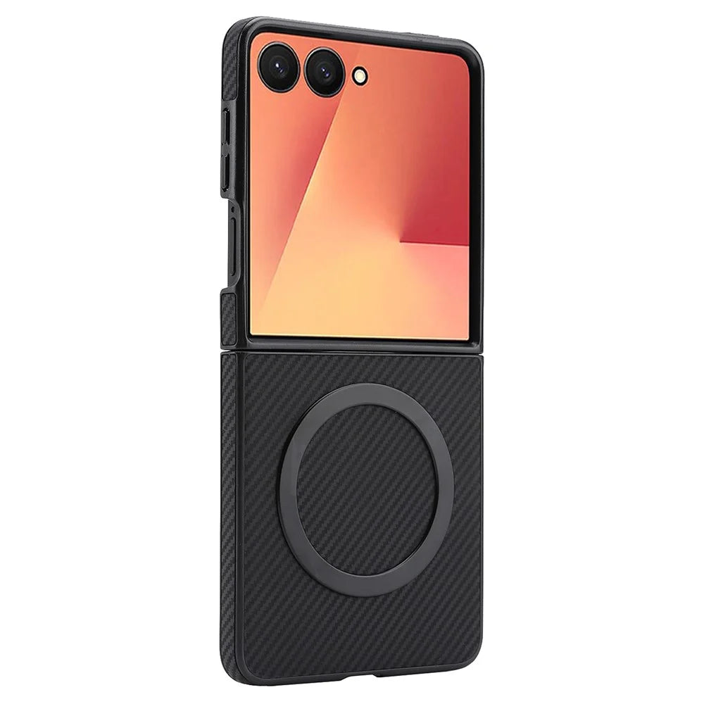 For Samsung Galaxy Z Flip7 5G Case Side-pasted Carbon Fiber Texture PU TPU Phone Cover With Metal Magnetic Ring - Black - 3