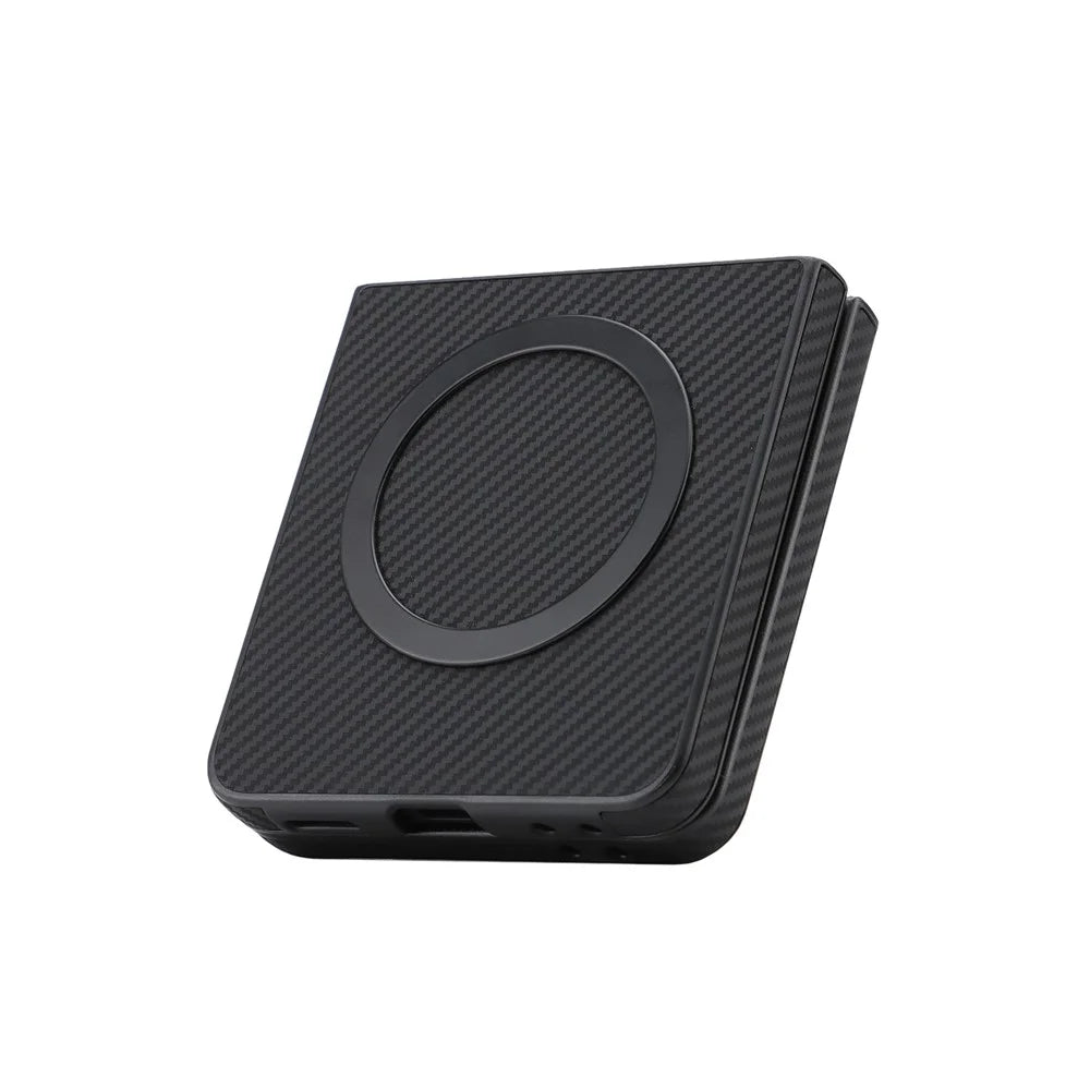 For Samsung Galaxy Z Flip7 5G Case Side-pasted Carbon Fiber Texture PU TPU Phone Cover With Metal Magnetic Ring - Black - 5