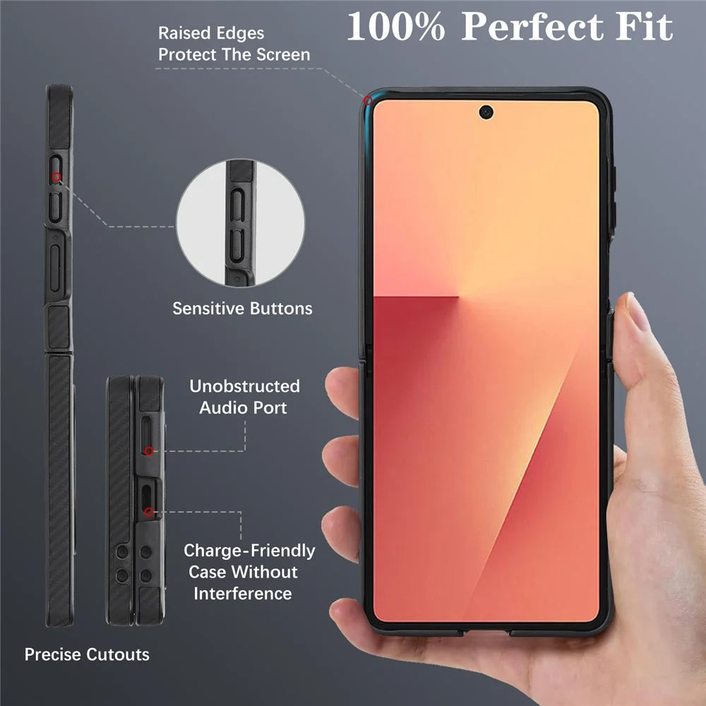 For Samsung Galaxy Z Flip7 5G Case Side-pasted Carbon Fiber Texture PU TPU Phone Cover With Metal Magnetic Ring - Black - 6