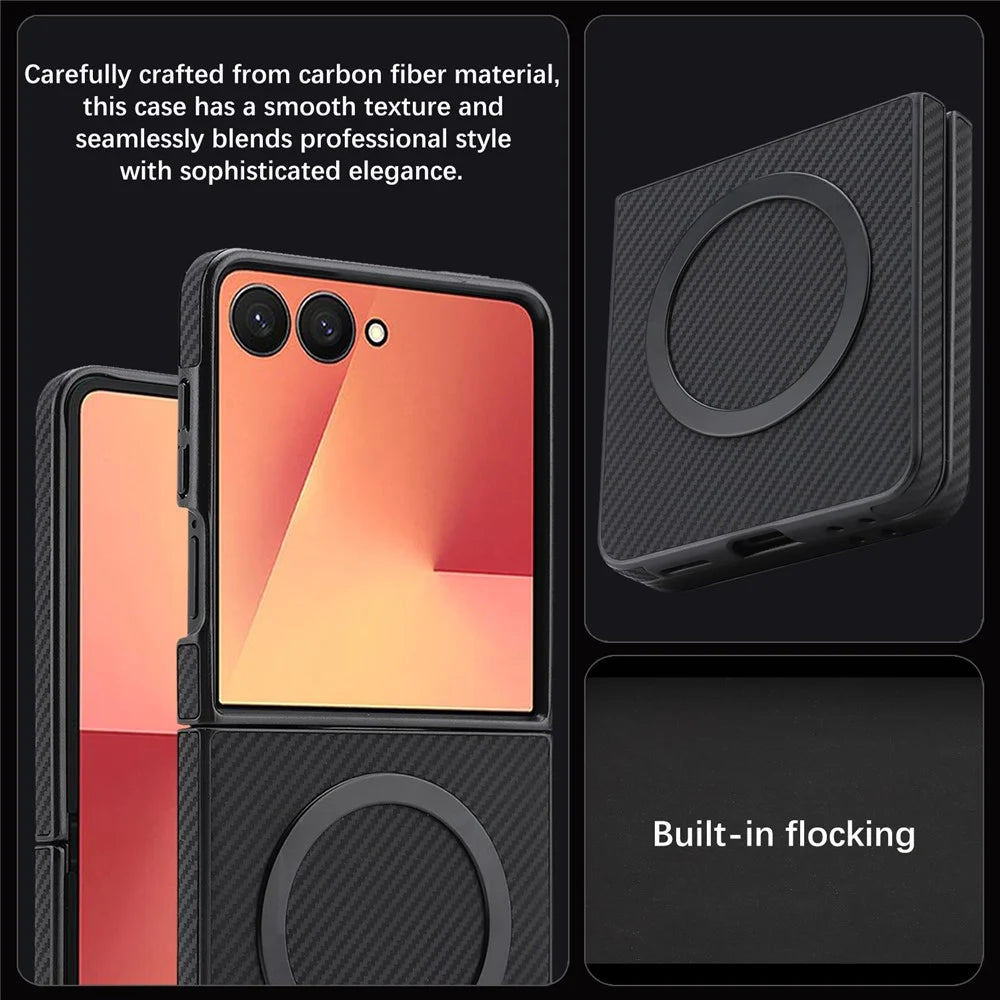 For Samsung Galaxy Z Flip7 5G Case Side-pasted Carbon Fiber Texture PU TPU Phone Cover With Metal Magnetic Ring - Black - 7