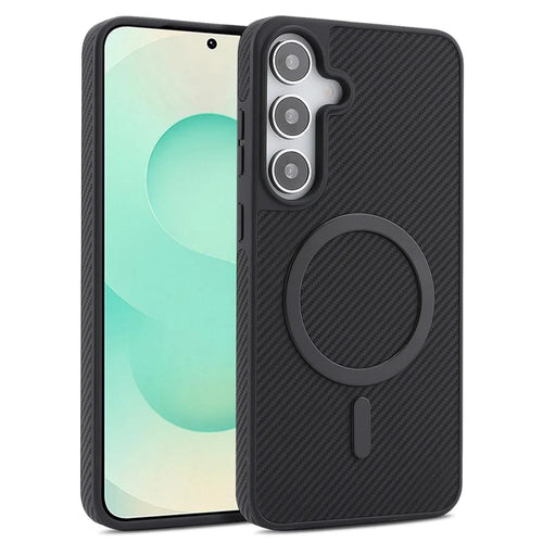 For Samsung Galaxy S25 Case Side-pasted Carbon Fiber Texture PU TPU Phone Cover With Metal Magnetic Ring - Black - 1