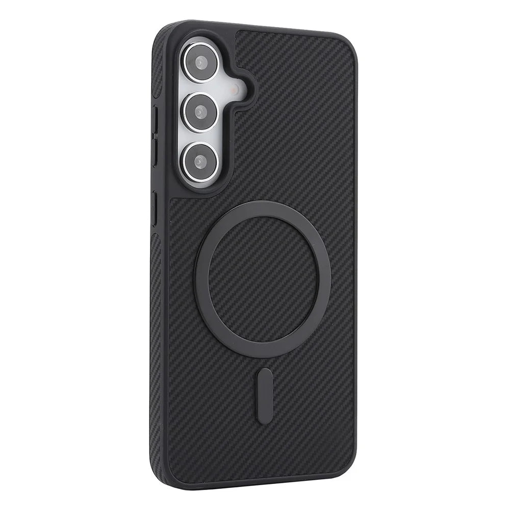 For Samsung Galaxy S25+ Case Side-pasted Carbon Fiber Texture PU TPU Phone Cover With Metal Magnetic Ring - Black - 3