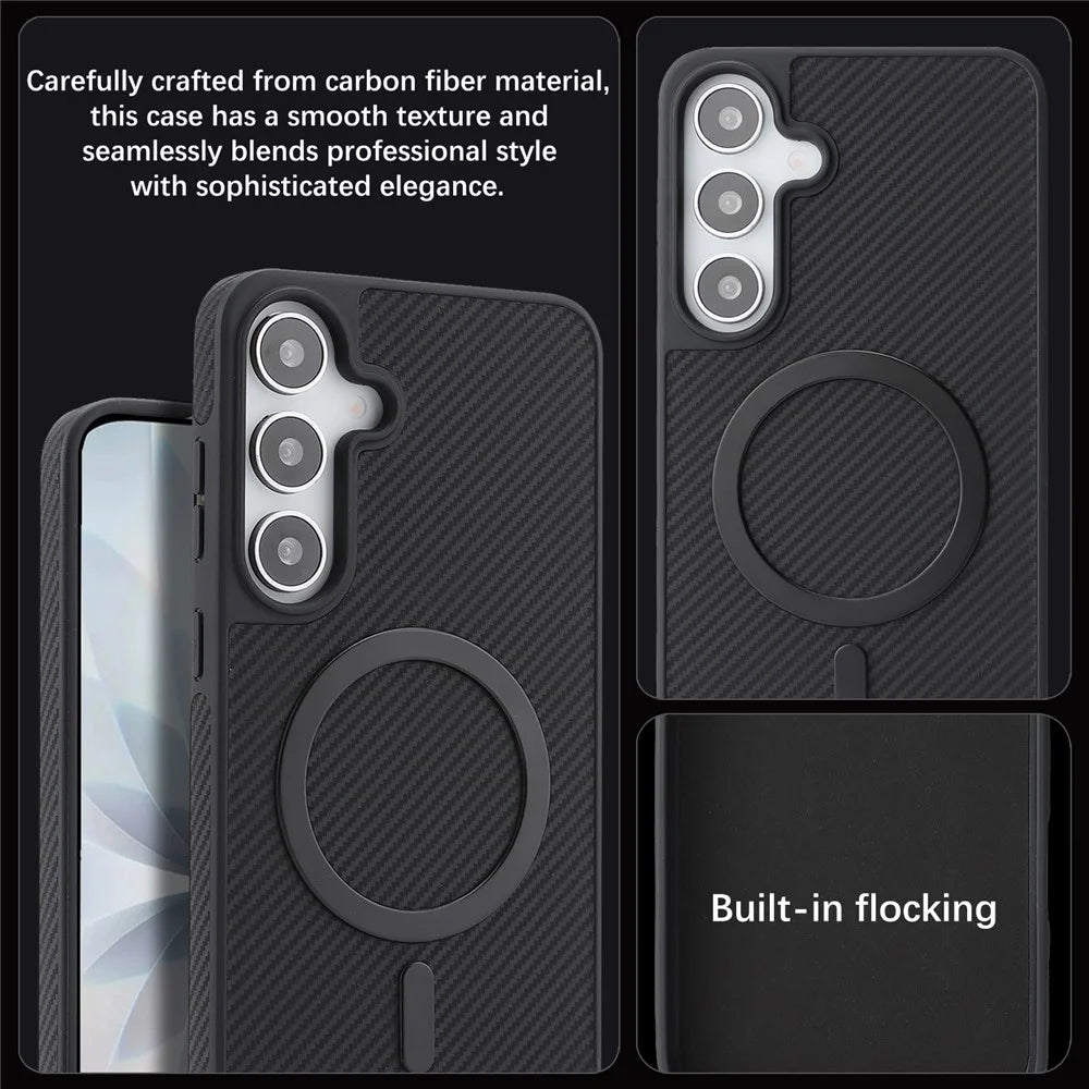 For Samsung Galaxy S25+ Case Side-pasted Carbon Fiber Texture PU TPU Phone Cover With Metal Magnetic Ring - Black - 6