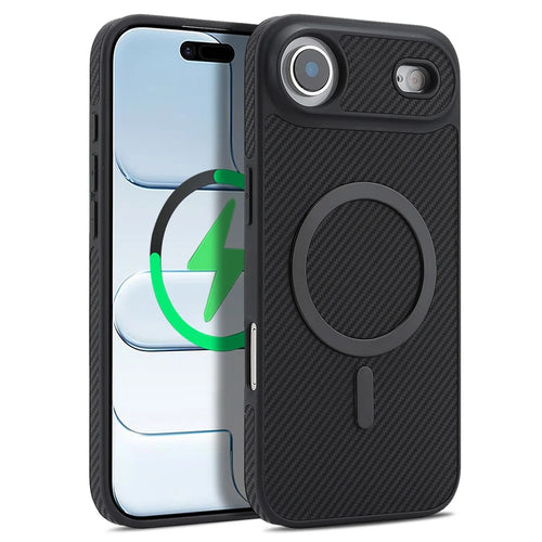 For iPhone Air Case Side-pasted Carbon Fiber Texture PU TPU Phone Cover With Metal Magnetic Ring - Black - 1