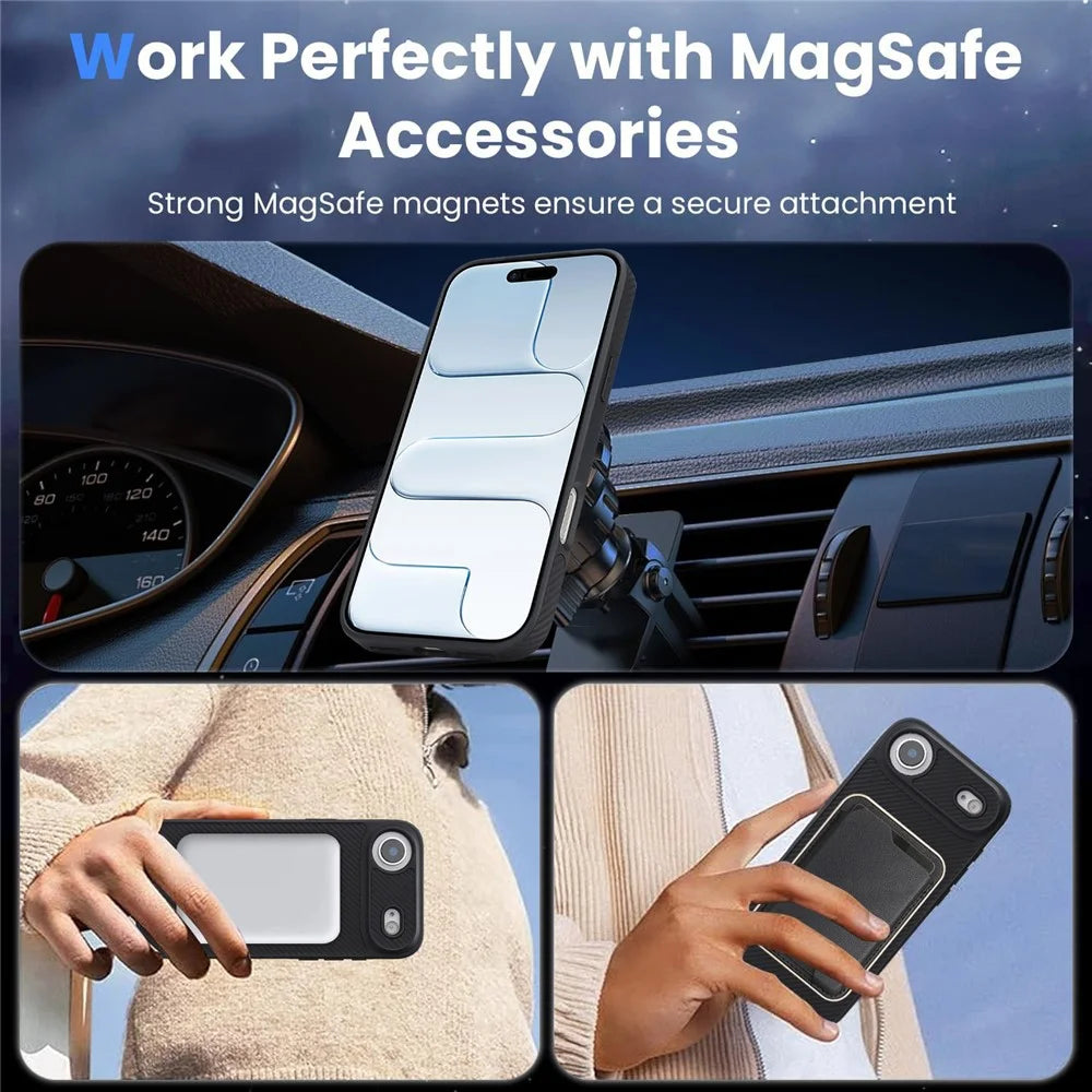 For iPhone Air Case Side-pasted Carbon Fiber Texture PU TPU Phone Cover With Metal Magnetic Ring - Black - 6