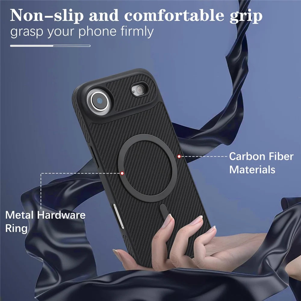 For iPhone Air Case Side-pasted Carbon Fiber Texture PU TPU Phone Cover With Metal Magnetic Ring - Black - 7