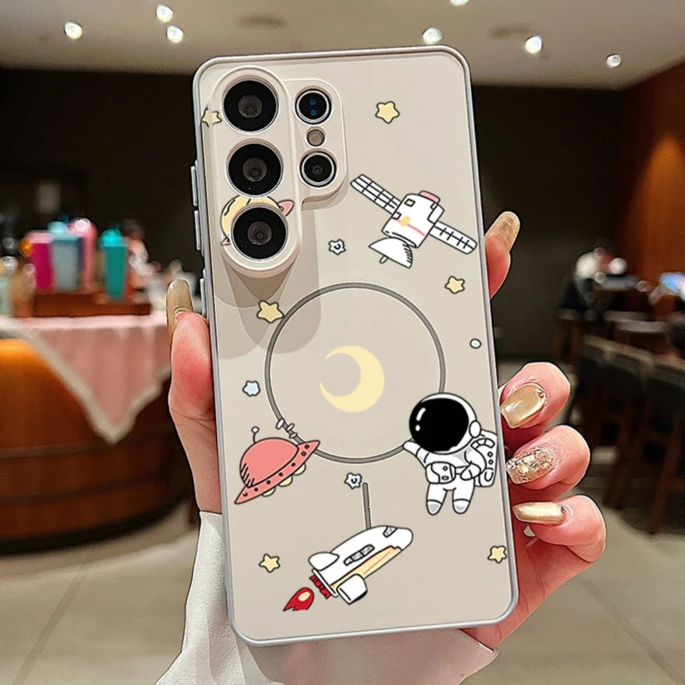 For Samsung Galaxy S26 Ultra Magnetic Case Cartoon Astronaut Design TPU Anti-Slip Impact Resistant Phone Cover - Grey - 2