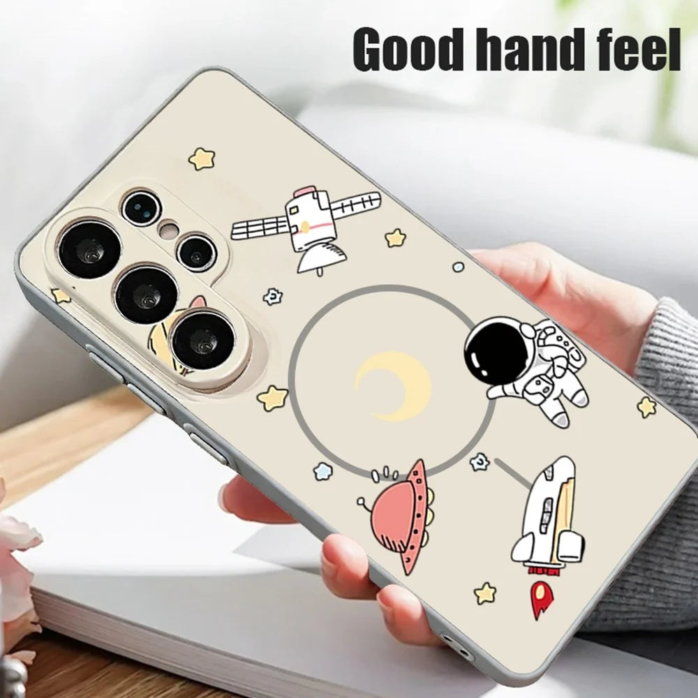 For Samsung Galaxy S25 Ultra Magnetic Case Cartoon Astronaut Design TPU Anti-Slip Impact Resistant Phone Cover - Grey - 4