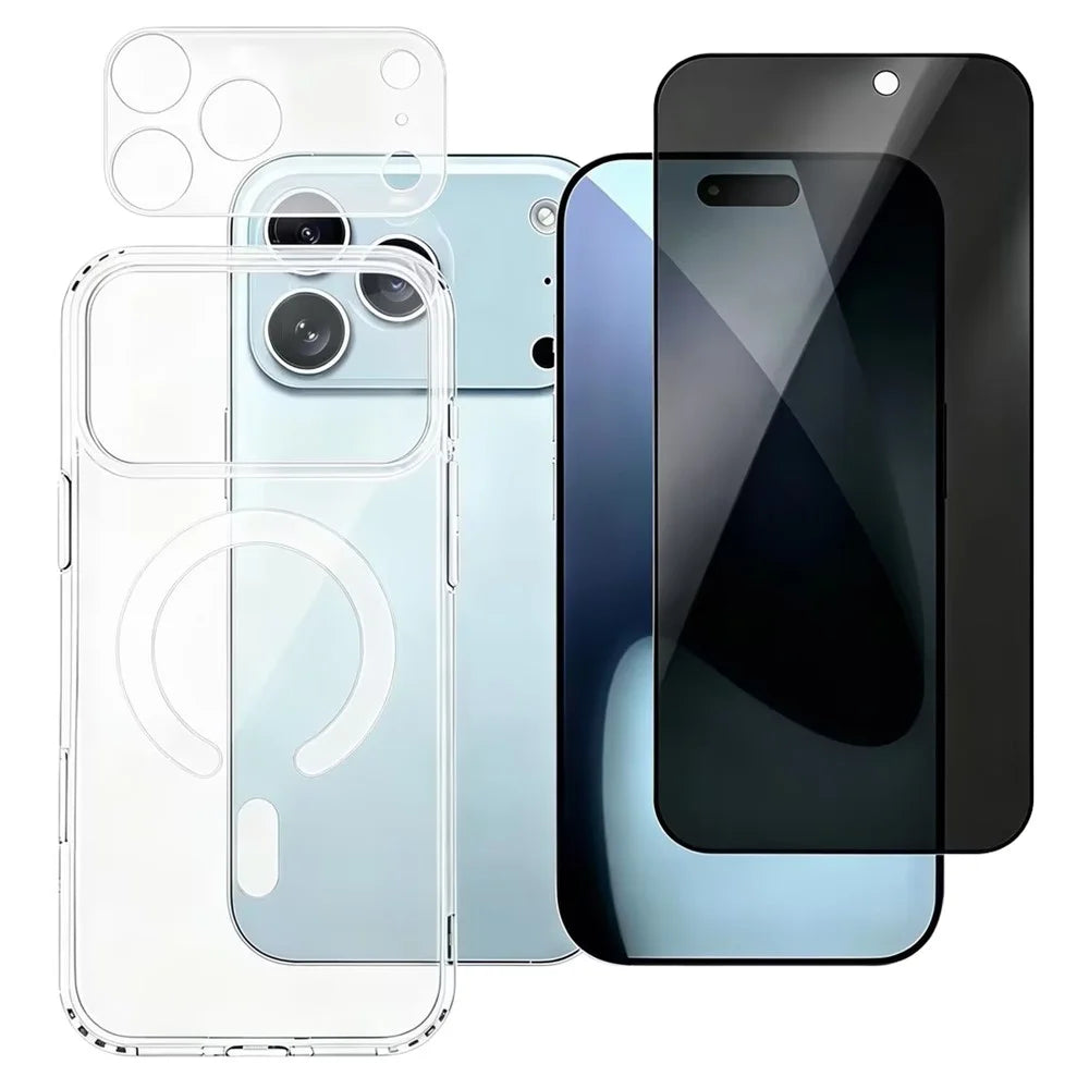 For iPhone 18 Pro Magnetic Case TPU + PC Phone Cover with 180° Anti-Spy Screen Film + Clear Lens Film - Black - 1