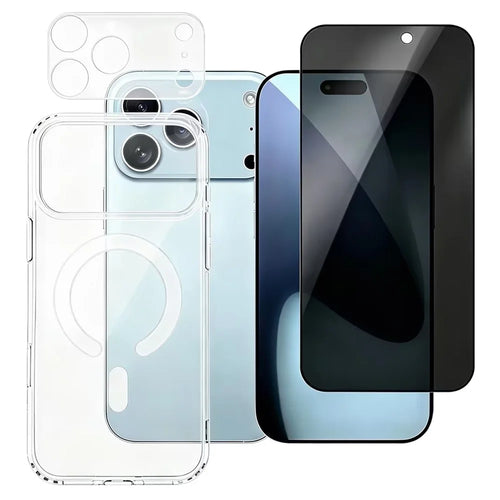 For iPhone 18 Pro Magnetic Case TPU + PC Phone Cover with 180° Anti-Spy Screen Film + Clear Lens Film - Black - 1